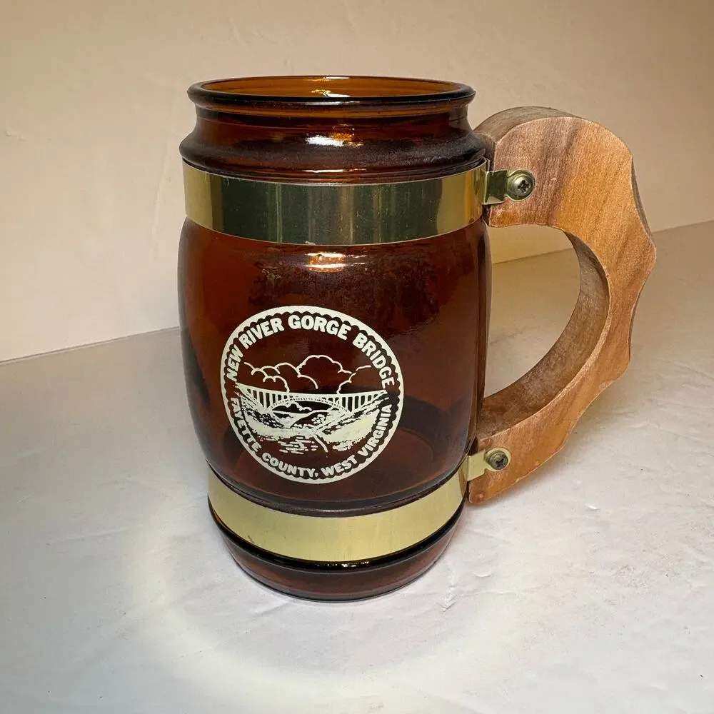 Vintage New River Gorge Fayette County WV Souvenir Brown Glass Barrel Mug Wood
